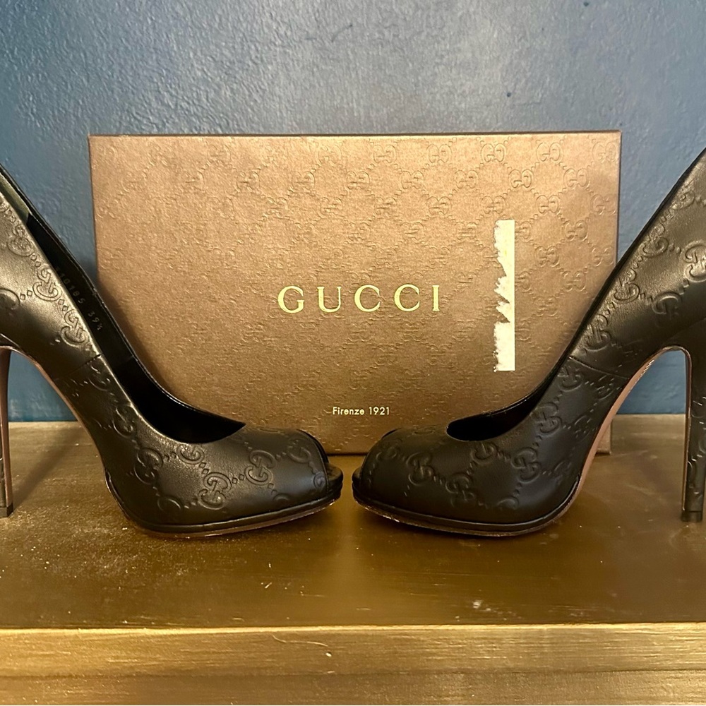 Gucci Black Guccissima Peep-Toe Stiletto Pumps